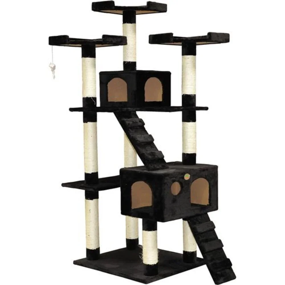 Tall Cat Tree Tower with Cat Condos Play Scratch Activity with Toy, Black, 72